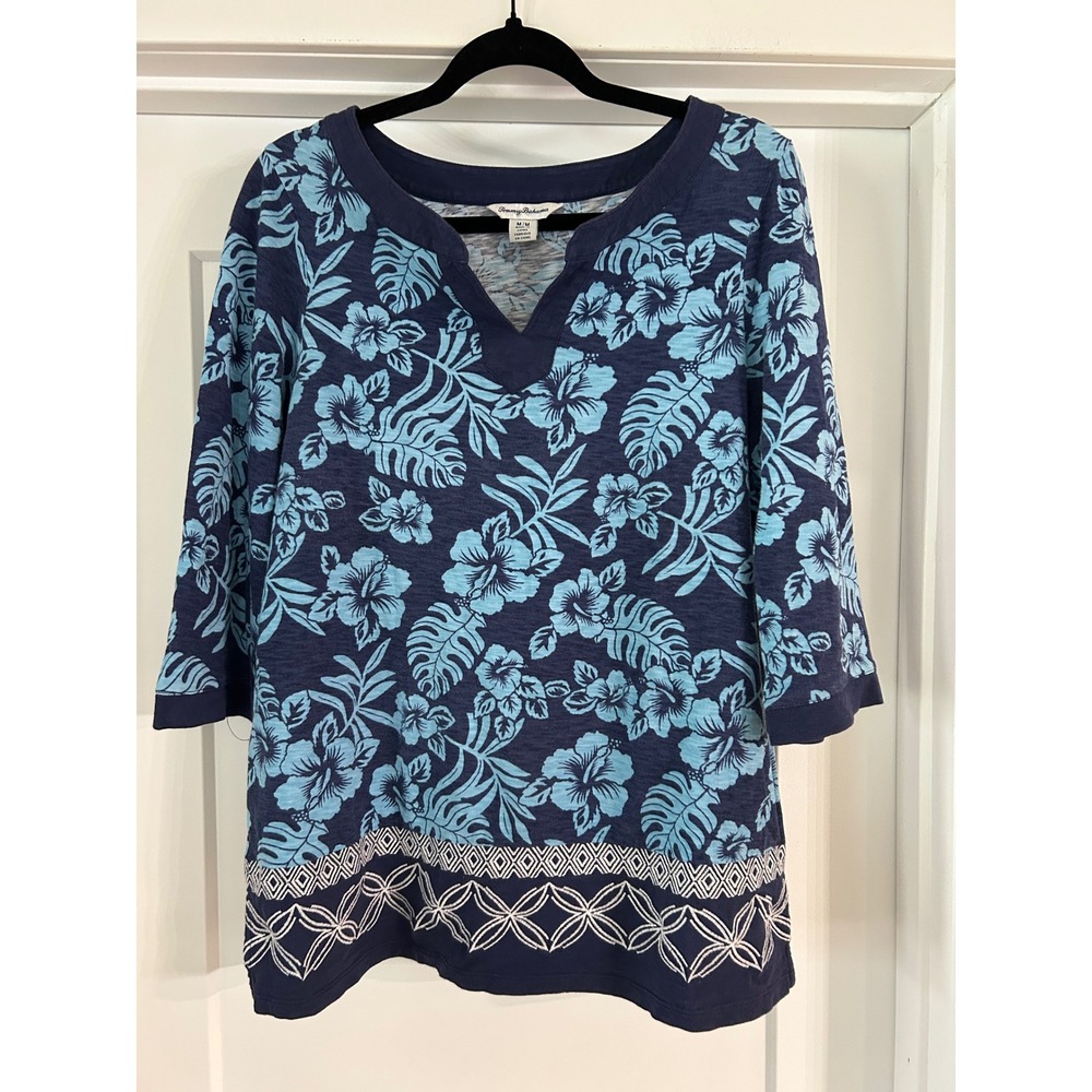 Tommy‎ Bahama Womens Blue Tropical Hibiscus Floral Split Neck Top  Medium Beach